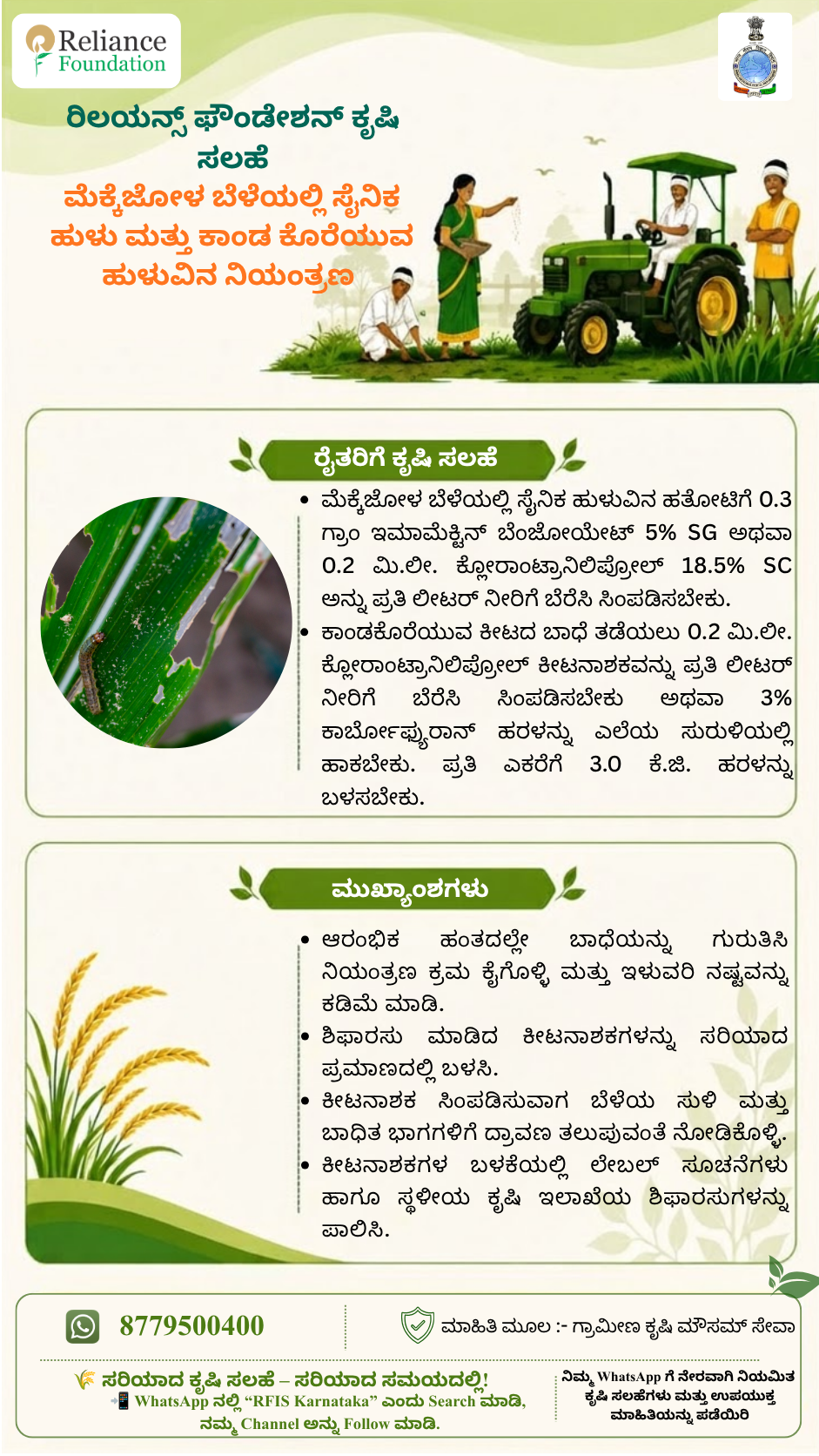 ಮೆಕ್ಕೆಜೋಳದಲ್ಲಿ ಸೈನಿಕ ಹುಳು ಮತ್ತು ಕಾಂಡ ಕೊರೆಯುವ ಹುಳು ನಿರ್ವಹಣೆ